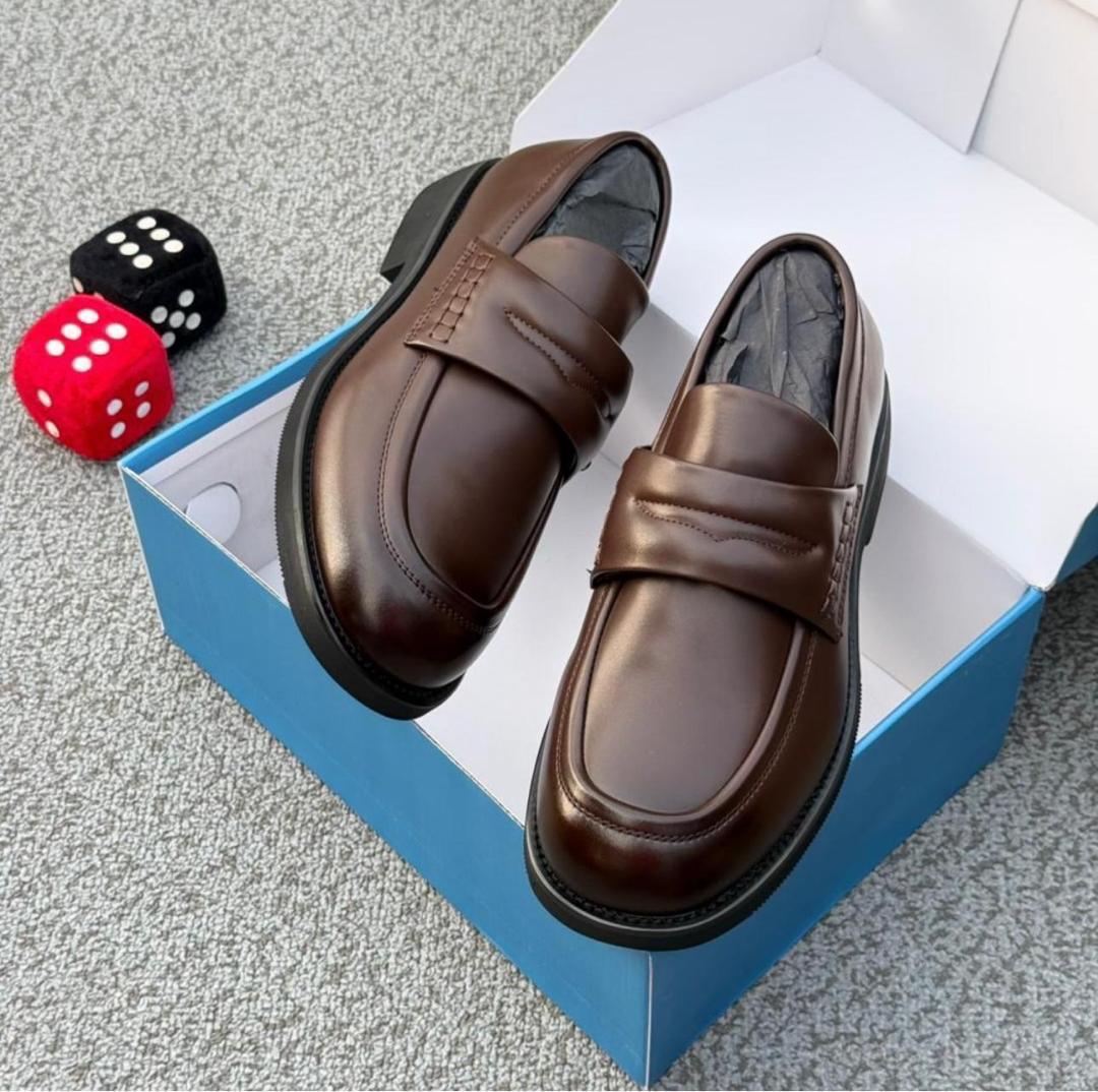Authentic leather penny loafers Men's chocolate brown leather penny loafers with black rubber sole, displayed in open blue shoebox with decorative dice on grey carpet.