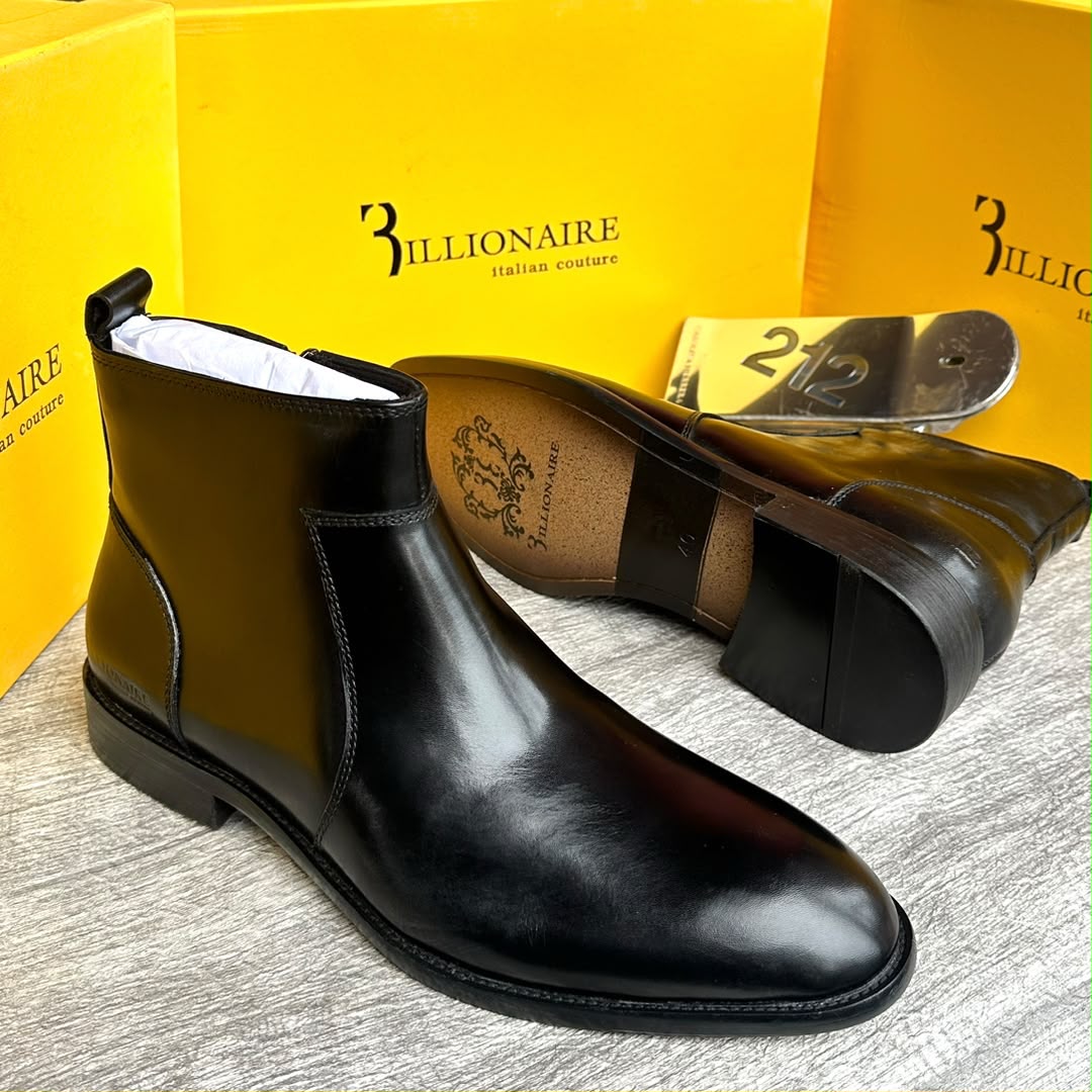 Men's burnished leather 3illionaire Chelsea boots with gradient mahogany patina and almond toe.