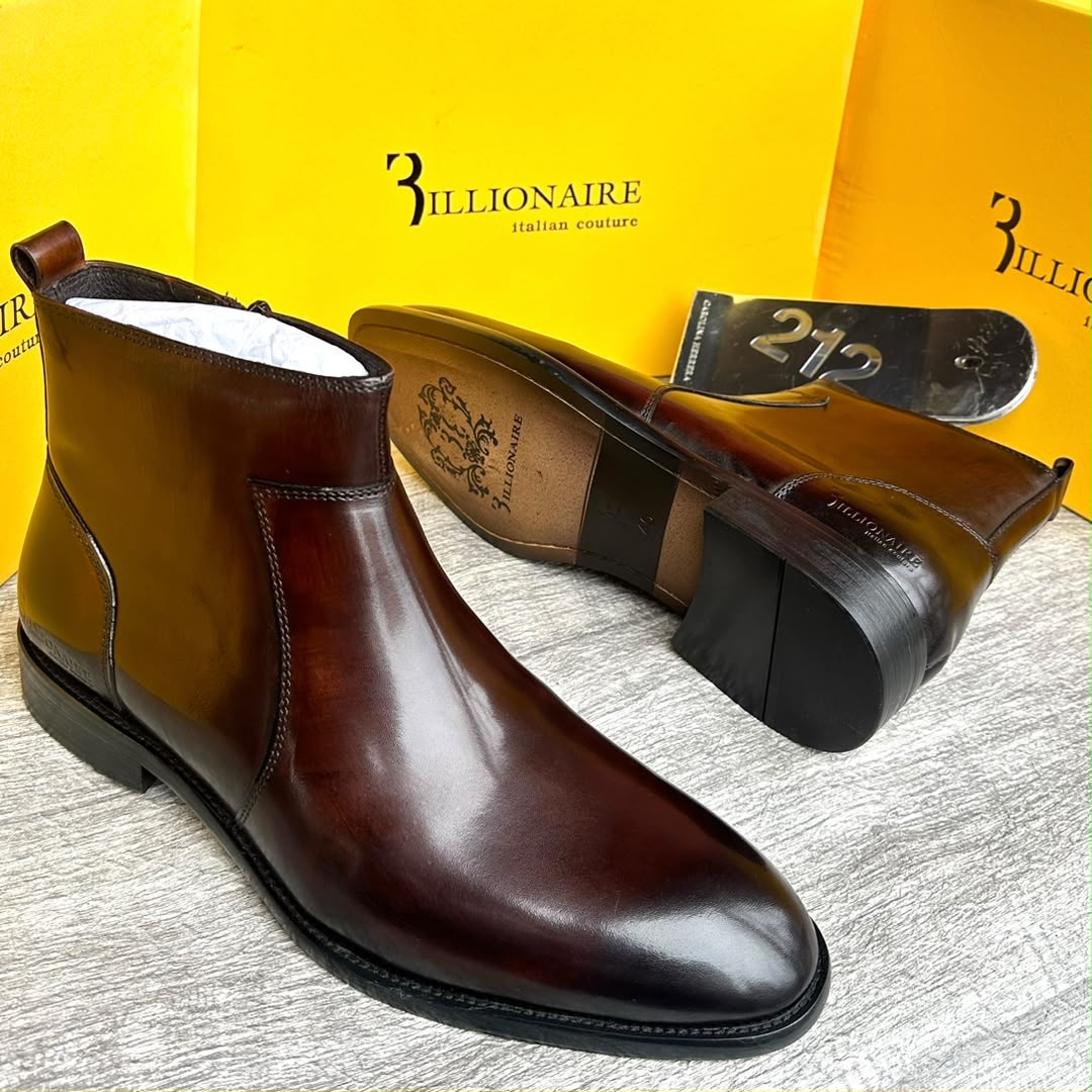 Men's burnished leather 3illionaire Chelsea boots with gradient mahogany patina and almond toe.