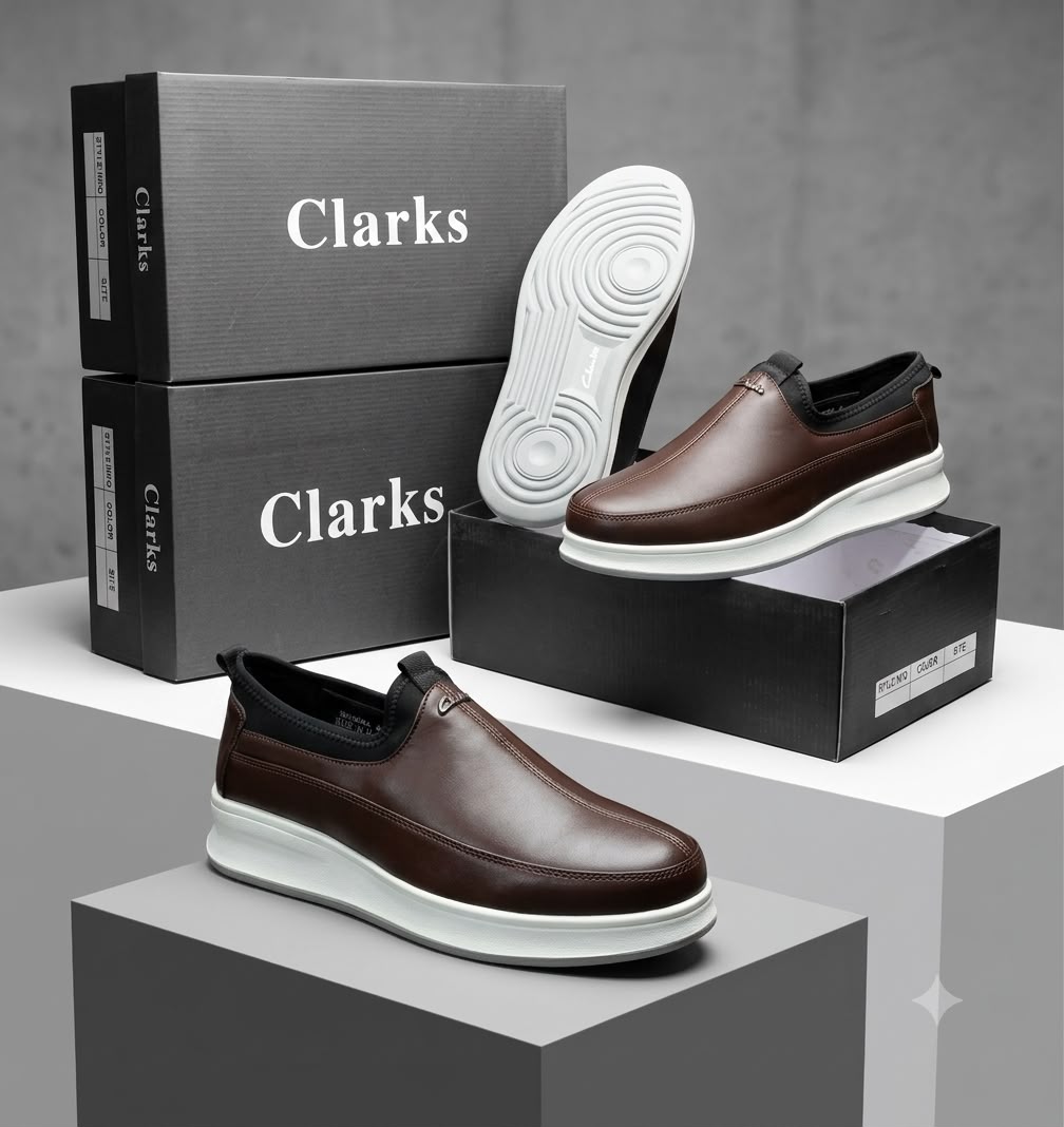 Clarks brown leather slip-on sneakers Clarks men's brown leather slip-on sneakers with elastic side panels and white rubber sole, displayed on grey pedestals with branded black shoeboxes.